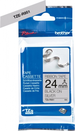 Brother TZeR satin tape 24mm x 4m black on silver