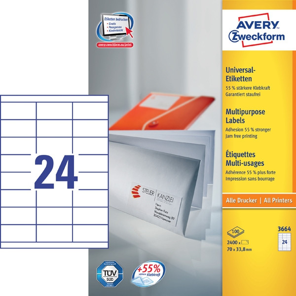 BildeAVERY General Usage Labels White 70x33,8mm all printers 24 labels/sheet 100 sheet/pack