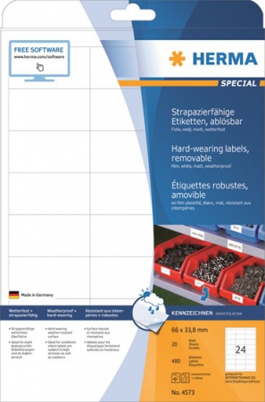 Herma Etiketter Utendrs avtagbare Hvite A4 66x33,8 (20)