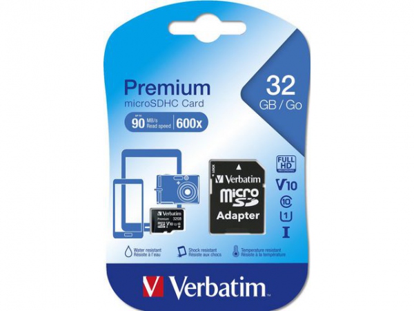 Verbatim Micro SDHC Card 32GB Class 10 with Adaptor