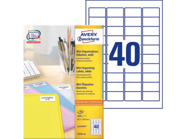 AVERY Mini labels, white 45,7x25,4mm, Laser 40 labels/sheet 100 sheet/pack