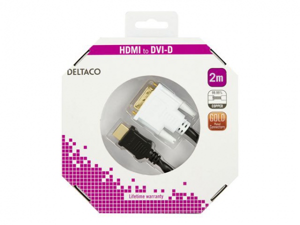 Kabel Deltaco Hdmi/Dvi M/M 2M Sort