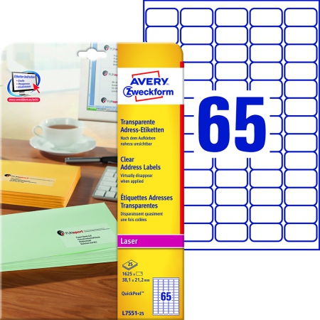 AVERY Laser Mini Clear Labels See-through effect 38,1x21,2mm 65 labels/sheet 25 sheets/pack